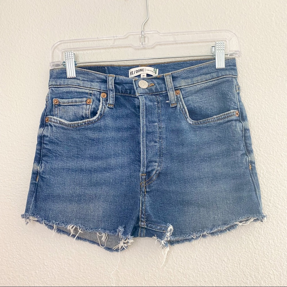 RE/DONE high waisted dark wash cut off shorts